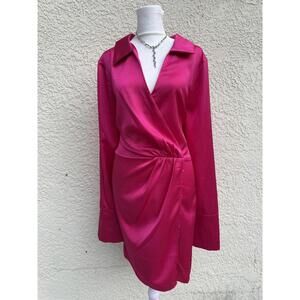 Sanctuary Dress Womens 14 Pink Satin Wrap Mini Long Sleeve V Neck Party Cocktail